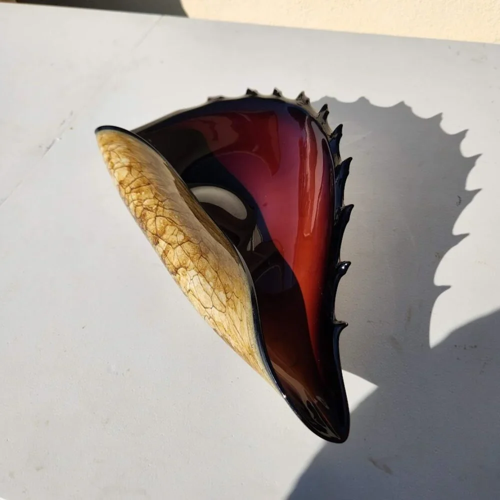 Hand Blown Murano Style Art Glass Folded Bowl Conch Shell Handmade Poland Approx